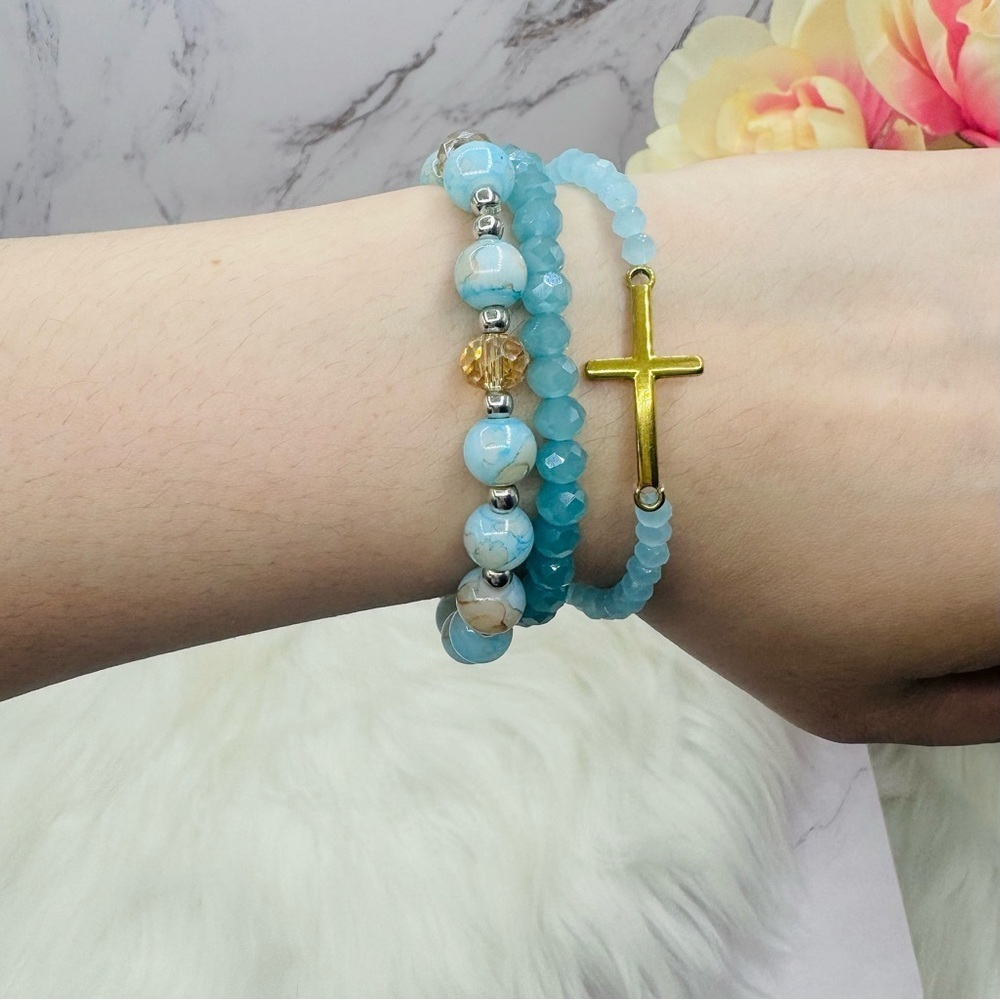 Stainless Steel Cross beaded Arm Candy Bracelet - Blue Marine